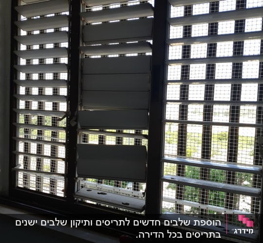 תריסים פתוחים עם רשת מתכת על חלון
